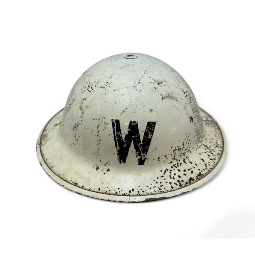 111 - British WW2 home front white wardens helmet.