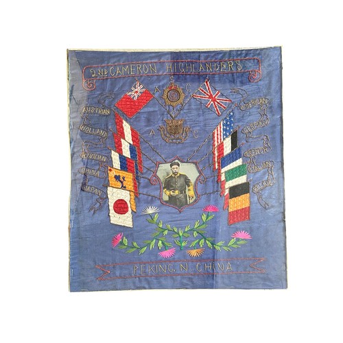 152 - Chinese 1908 silk embroidered souvenir f, 2nd Cameron Highlanders in scroll across the top, ASC & AO... 