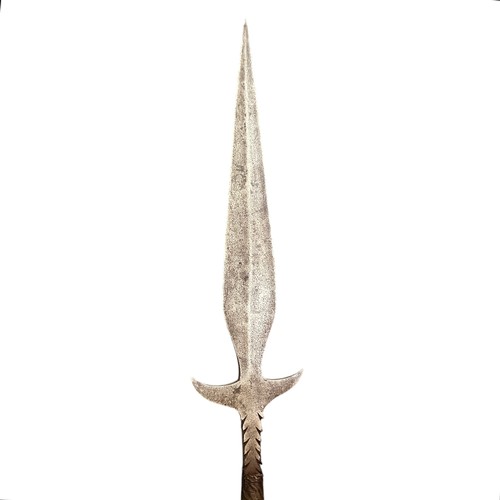 156 - Zulu 19th century ceremonial/hunting spear, feather blade with two prongs at base and reversed barbs... 