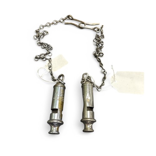 116 - 2 ARP whistles by J. Hudson & Co, Barr St, Hockley, Birmingham, with chains, 1 whistle with large de... 