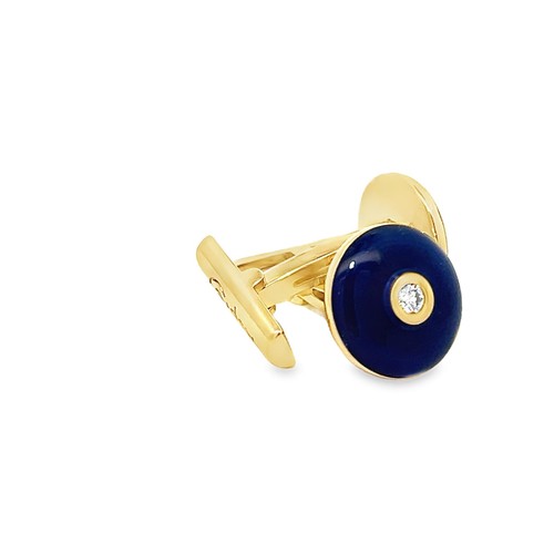 12 - Asprey - a pair of circular blue enamel and diamond cufflinks. Diamonds each approx 0.10ct. Tested a... 