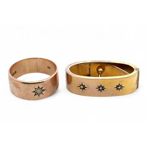 15 - A wide 9ct yellow gold and diamond set gypsy ring. Size R/S. Together with a 9ct gold diamond set sc... 