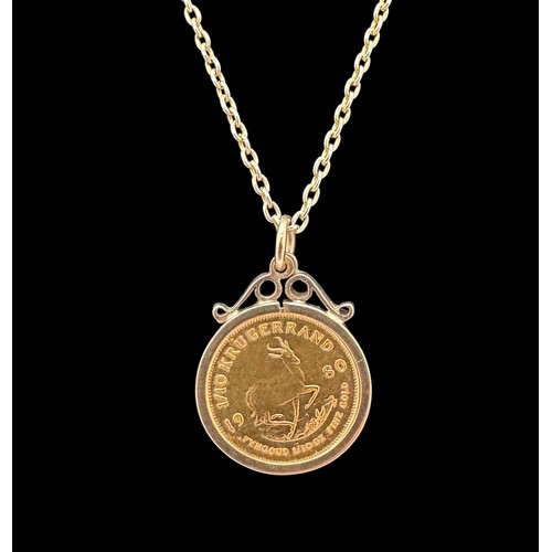 29 - 1/10 Krugerrand pendant in a 9ct gold mount on a  gold plated chain
