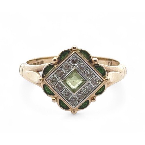 55 - A 14ct gold ring, set with peridot, diamonds and decorated with green enamel. Size N.