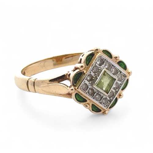 55 - A 14ct gold ring, set with peridot, diamonds and decorated with green enamel. Size N.