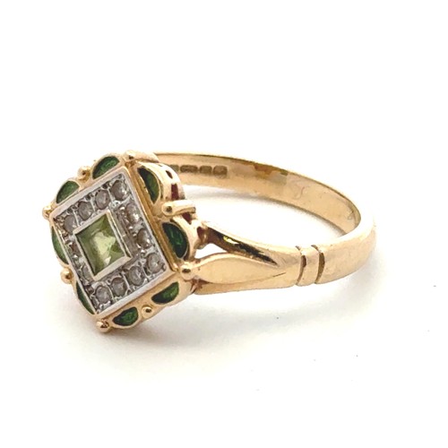 55 - A 14ct gold ring, set with peridot, diamonds and decorated with green enamel. Size N.