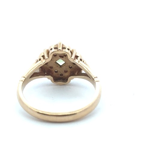 55 - A 14ct gold ring, set with peridot, diamonds and decorated with green enamel. Size N.