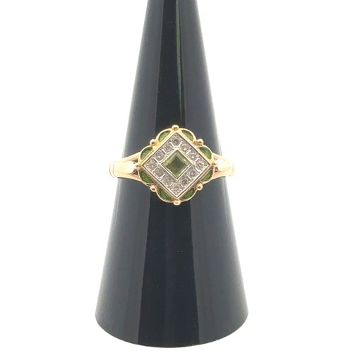 55 - A 14ct gold ring, set with peridot, diamonds and decorated with green enamel. Size N.