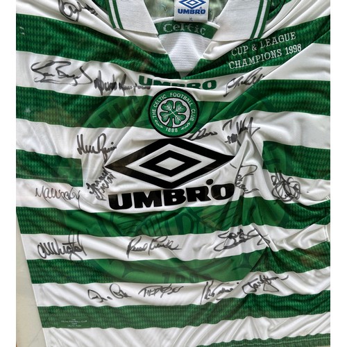 41 - Signed Celtic 1998 Shirt. 18x signatures. Shirt suffering from being crumpled in frame. No COA. Fram... 