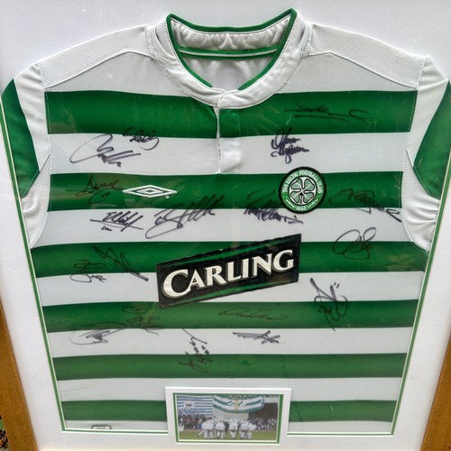 47 - Signed Celtic Shirt from 2003. 18x signatures. Small photo of the team huddle. No COA. Framed and gl... 