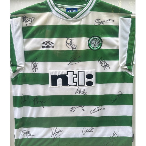 23 - Signed Celtic Shirt - Treble Winning Team 2000/2001. 16x signatures. Framed and glazed. Small bronze... 