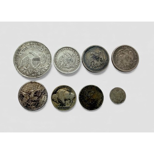 286 - USA coin collection with 50c (half dollar) 1836 lettered edge, quarters 1858, 1862, 1891, 1914, 5c 1... 