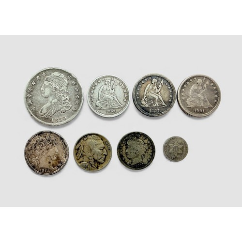 286 - USA coin collection with 50c (half dollar) 1836 lettered edge, quarters 1858, 1862, 1891, 1914, 5c 1... 