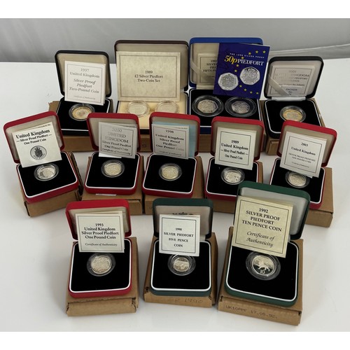 230 - Collection of boxed piedfort silver proofs FDC (14), with £2 1989 twin set, 1997, 2001, £1 1988, 198... 