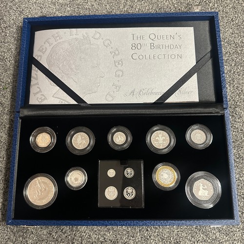 245 - The Queen's 80th Birthday £5 to Maundy silver proof cased set of 13 (£5, £2, £1, 50p, 20p, 10p, 5p, ... 