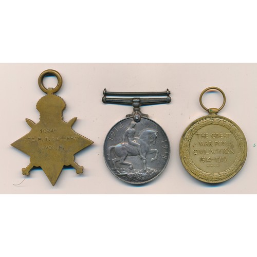 80 - 1914-15 Star trio to 10245 Pte F.T. Newbery Devon R. (single initial F. on pair) good very fine and ... 
