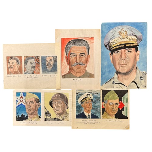 102 - Range of military drawings featuring General G. MacArthur, Admiral Ernest King, Stalin etc.