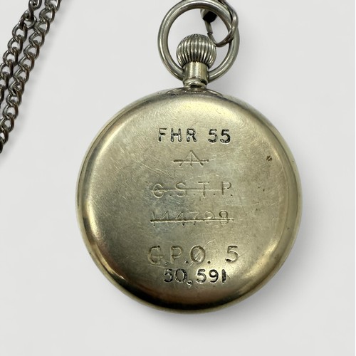 100A - Moeris G.P.O. pocket watch, dial with second hand at 6 o'clock, blue hands, converted from WD issue ... 