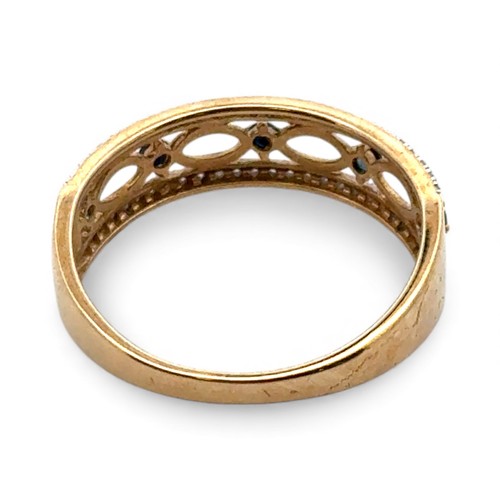 53 - A 9ct gold, sapphire and diamond ring, with five sapphires set between two rows of miligrain set dia... 