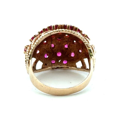 1 - A 1970s 9ct gold ruby bombe ring, size P. Birmingham 1972. 6.68g