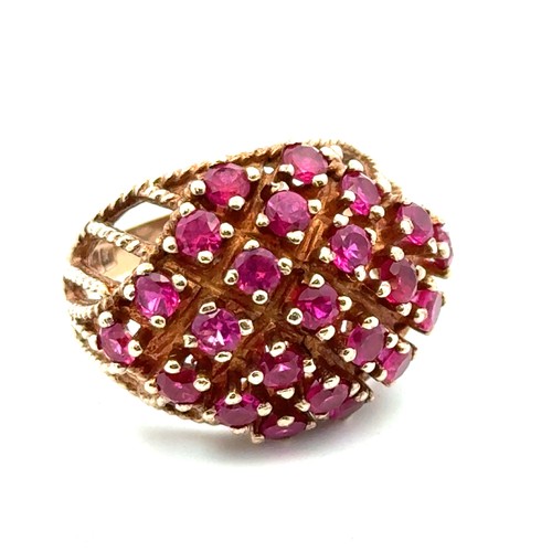 1 - A 1970s 9ct gold ruby bombe ring, size P. Birmingham 1972. 6.68g