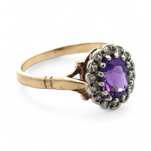 35 - Amethyst and diamond cluster ring in 9ct yellow gold. Size N. 2.7g