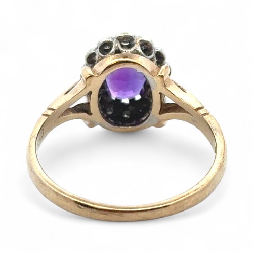 35 - Amethyst and diamond cluster ring in 9ct yellow gold. Size N. 2.7g
