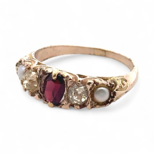 16 - A garnet, old cut yellow diamond and pearl five stone ring, size O. In unmarked yellow metal tested ... 