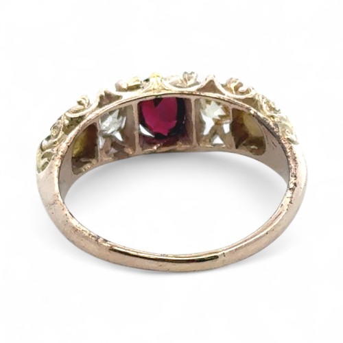 16 - A garnet, old cut yellow diamond and pearl five stone ring, size O. In unmarked yellow metal tested ... 