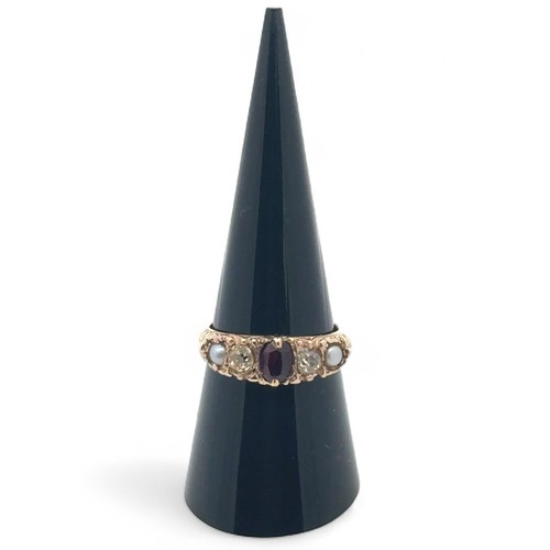 16 - A garnet, old cut yellow diamond and pearl five stone ring, size O. In unmarked yellow metal tested ... 
