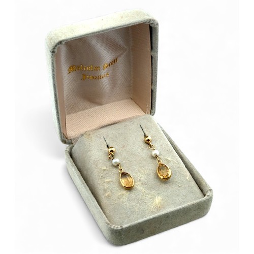 26 - A pair of 18ct gold citrine and pearl pendant earrings.