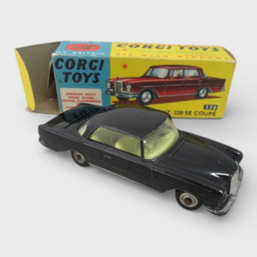 34 - Corgi Nos. 230 & 247 Mercedes-Benz pair, with 220 SE Coupe  black with lemon interior No. 230 and 60... 