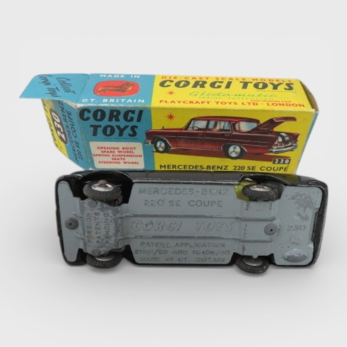34 - Corgi Nos. 230 & 247 Mercedes-Benz pair, with 220 SE Coupe  black with lemon interior No. 230 and 60... 
