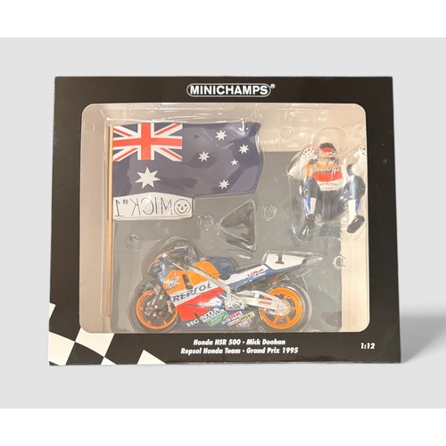 66 - Minichamps 1/12th scale Honda NSR500 Repsol 1995 M Doohan  with rider and flag No. 122 951001, gener... 