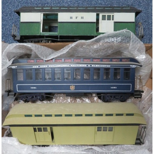 107 - G gauge USA railroad unboxed collection, unidentified makers, with locomotives (2), coaches and wago... 