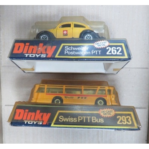 53 - Dinky Swiss PTT VW Beetle Schweizer Postwagen No. 262 and PTT Bus No. 293, generally excellent in ex... 