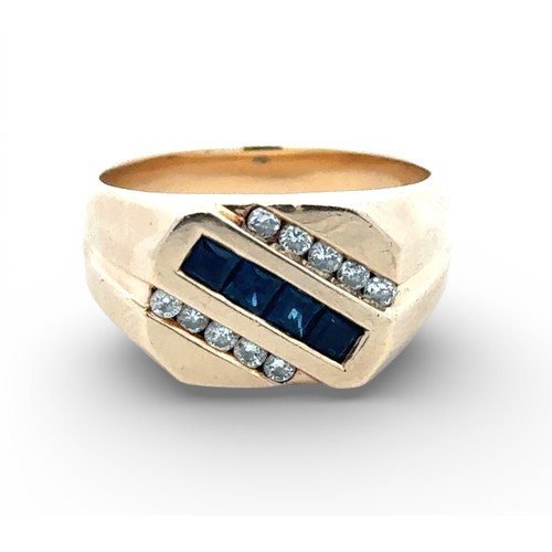 24 - A sapphire and diamond set signet ring stamped 14k. Size T