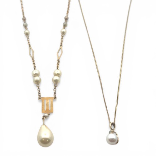 95 - Two 'pearl' necklaces. To include a cultured peal and diamond pendant necklace on a fine 46cm chain,... 