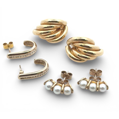 82 - Three pairs of gold earrings, to include a pair of 18ct yellow gold earrings, a pair of half hoop 9c... 
