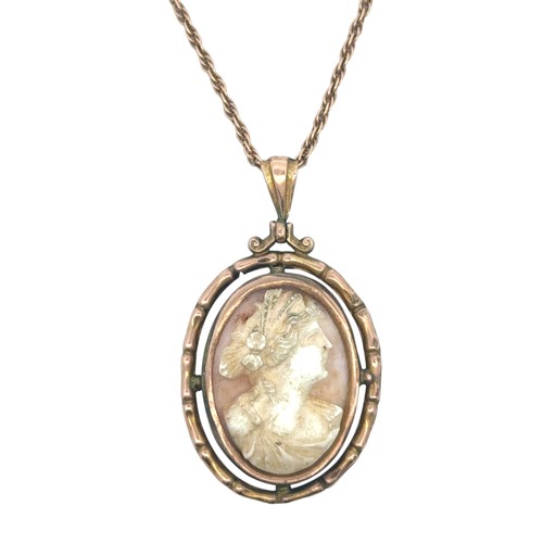 68 - A shell cameo pendant necklace, pendant stamped 9ct length 43mm, on a 22