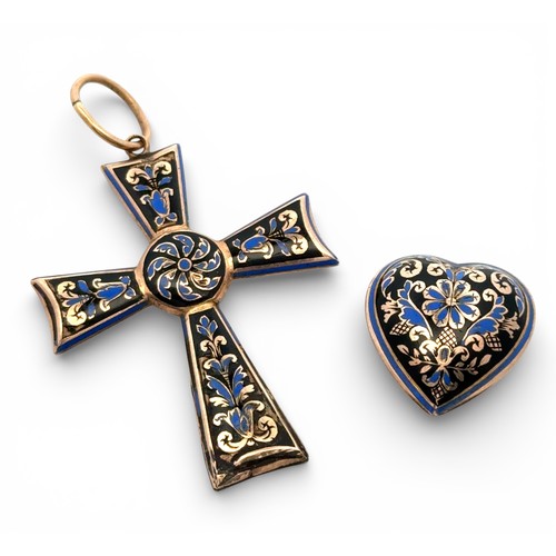 79 - An enamelled yellow metal cross pendant and heart, tested as approx 17- 18ct gold. Some damage to ba... 