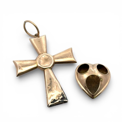 79 - An enamelled yellow metal cross pendant and heart, tested as approx 17- 18ct gold. Some damage to ba... 