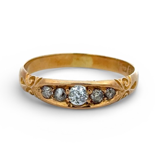 69 - An 18ct gold and old cut diamond boat ring with scroll shoulders. Size U. 3.07g