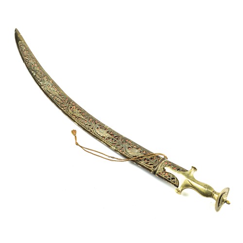 123 - Indian ceremonial sword with curved blade, scabbard having bird and foliate detail. Blade length 63c... 