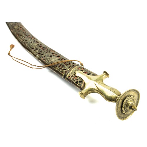 123 - Indian ceremonial sword with curved blade, scabbard having bird and foliate detail. Blade length 63c... 