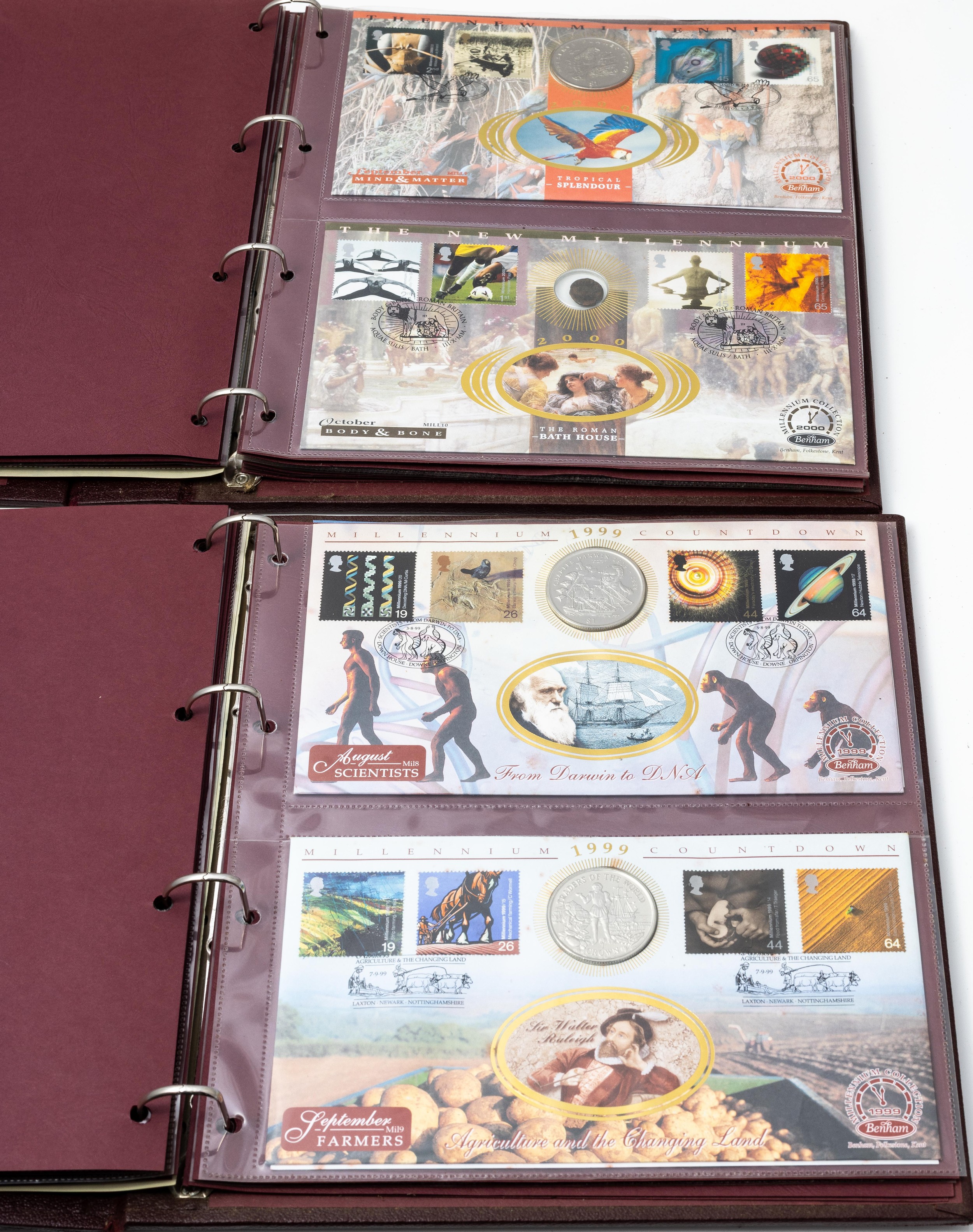 Coin covers - Benham collection (66), in two maroon albums and loose in ...