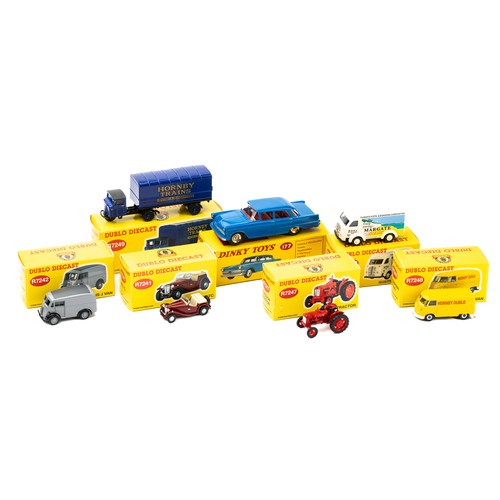 144 - Dublo Diecast by Hornby range with MG TC R7241, Morris J Van R7242, Austin 3 Way Van R7243, Fordson ... 