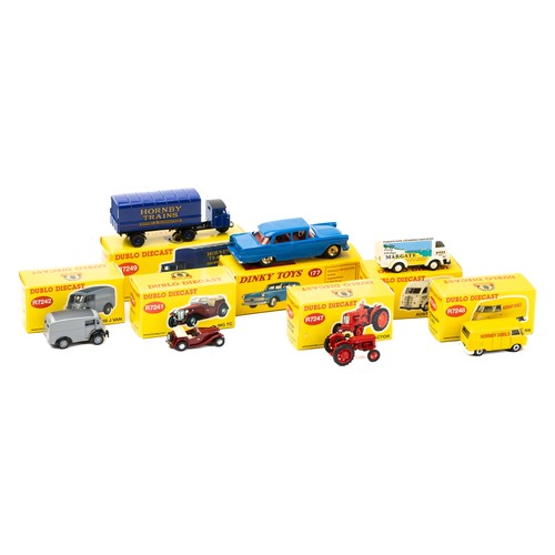 144 - Dublo Diecast by Hornby range with MG TC R7241, Morris J Van R7242, Austin 3 Way Van R7243, Fordson ... 