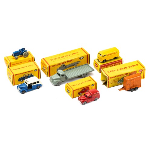 141 - Dinky Dublo range of six vehicles with Bedford Flat Truck 066, Austin Taxi 067, Royal Mail Van 068, ... 