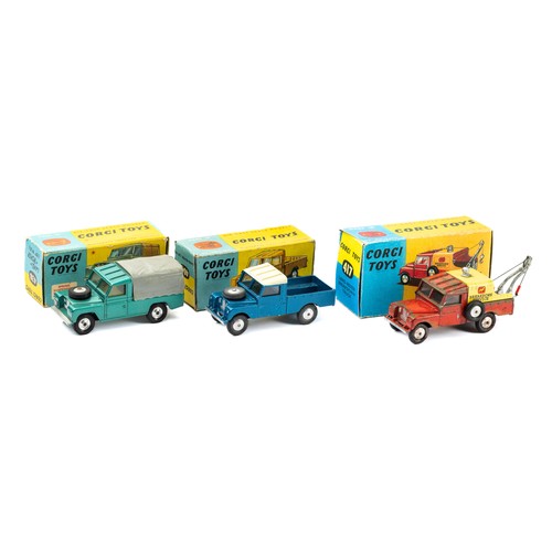 111 - Corgi trio of Land Rovers with Land Rover (109 WB) blue 406, Land Rover (109 WB) 438, good plus to e... 